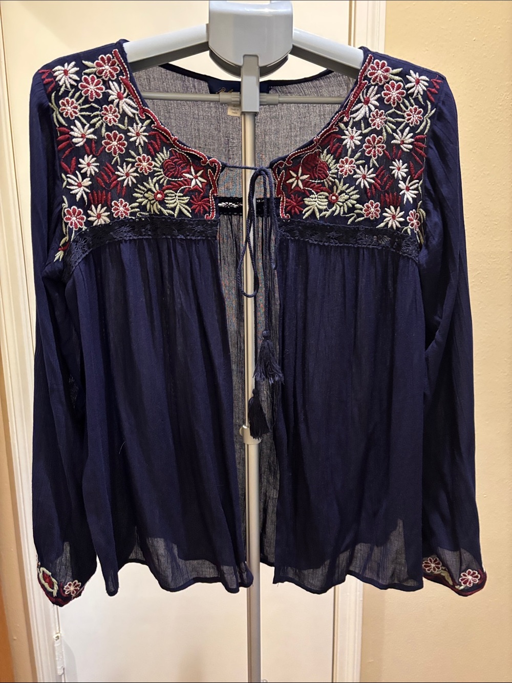 Blue Rain Navy Embroidered Peasant Tunic with Red & White Floral Yoke